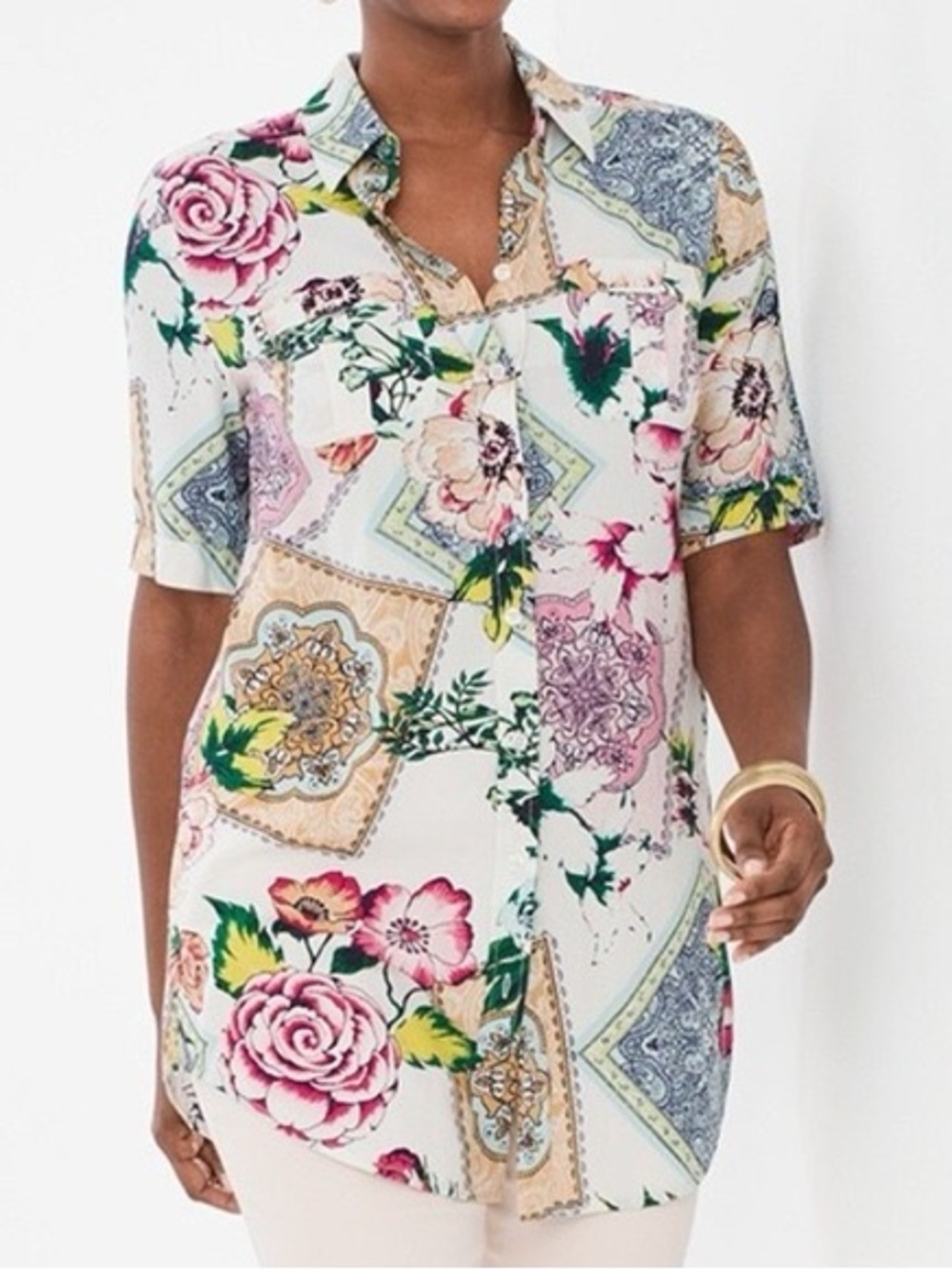Chicos Floral Tiles Silky Soft Button Up Blouse Multicolor Floral Size 3 (XL)